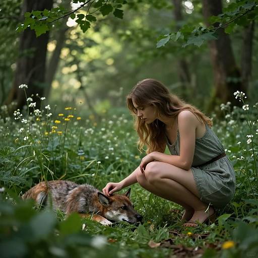 Photograph of a young woman with wavy brown hair, wearing a green dress, gently petting a red fox in a sunlit forest clearing with