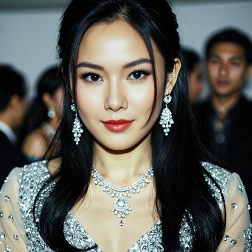 Elegant Asian Woman in Glittering Dress and Jewelry