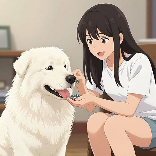 Anime-style digital illustration of a smiling girl with black hair, wearing a white shirt and blue shorts, feeding a white fluffy dog small treats.