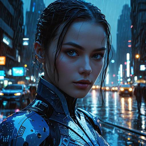 Futuristic Android in Rainy Cityscape