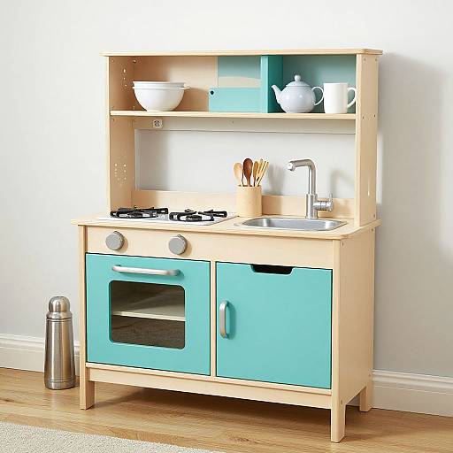 Photograph of a colorful children's kitchen set with light wood, turquoise blue doors, white shelves, and matching white bowls and teapot.