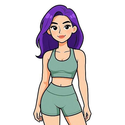 Digital cartoon of a smiling woman with purple hair, wearing a green sports bra and shorts, standing against a white background.