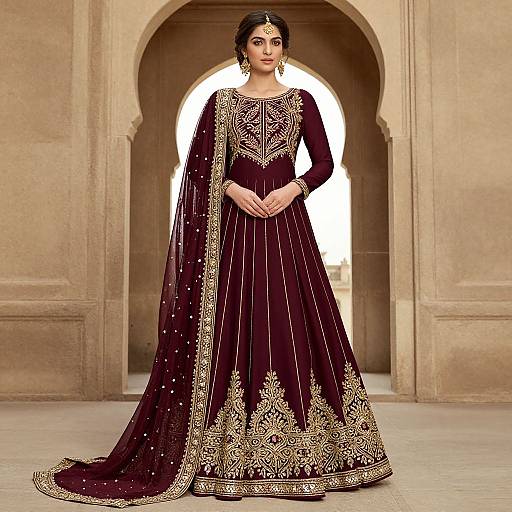 Photograph of a South Asian woman in a luxurious black velvet lehenga with gold embroidery, standing in an arched stone doorway, wearing traditional jewelry and