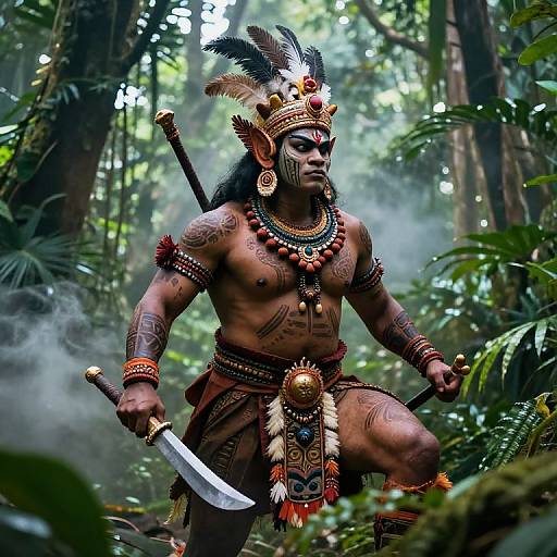 Photorealistic digital art of a muscular, tattooed Indigenous warrior in a dense forest, wearing a feathered headdress, ornate jewelry, and