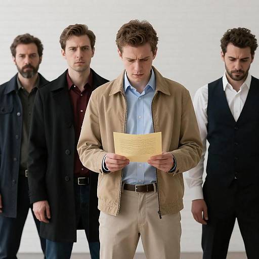 Four Men Portrait Against Striped Background