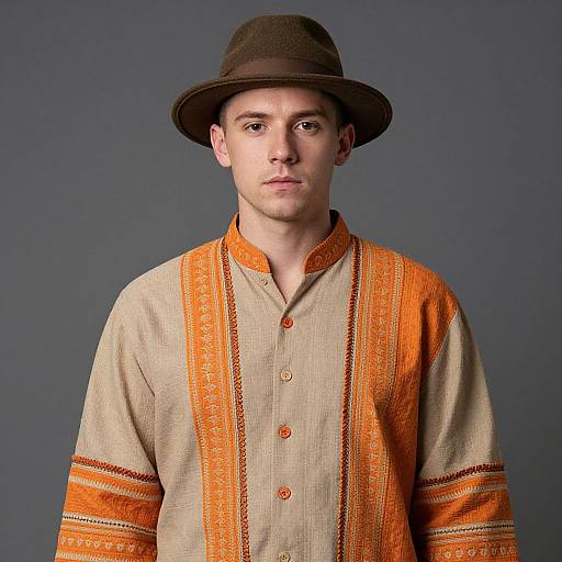 Photograph of a young man with fair skin, brown hat, and orange-trimmed beige traditional shirt, standing against a gray background.