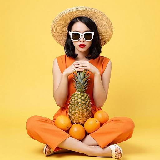 Photograph of a fair-skinned woman with black hair, wearing an orange dress, white sunglasses, and sunhat, sitting cross-legged, holding a