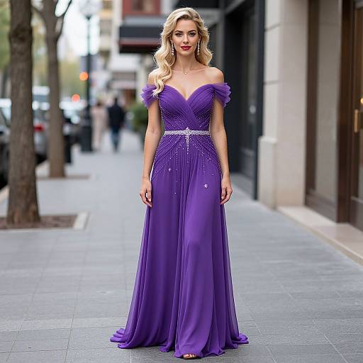 Photograph of a blonde woman with wavy hair in a floor-length, off-shoulder, purple evening gown, standing on a city sidewalk.