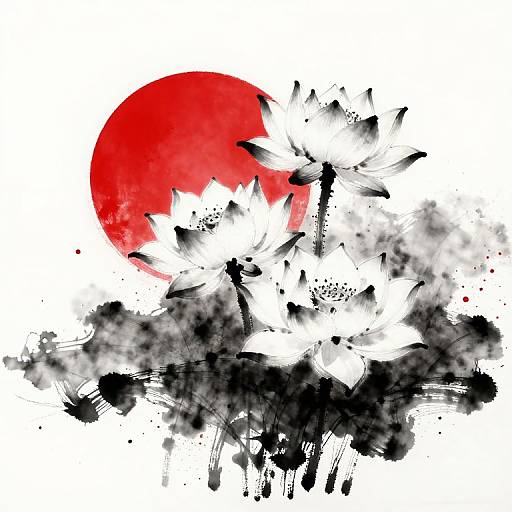 Abstract White Lotus with Red Circle