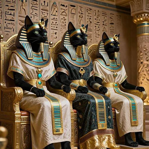 Photograph of three black cats in ancient Egyptian royal attire, seated on ornate golden thrones, adorned with blue and gold jewelry, against a carved