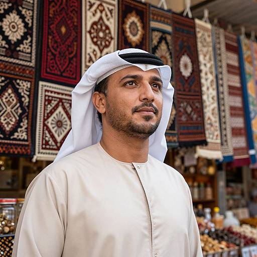 Photograph of a Middle Eastern man with dark skin and black hair, wearing a white thobe and white kufi, standing in front of colorful