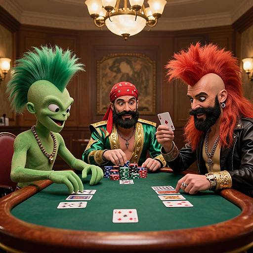 Photograph of three eccentric poker players: green elf, bearded pirate, and red mohawked man, playing poker at a luxurious table.