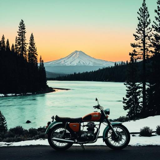 Vintage Motorcycle by Mountain Lake at Sunset