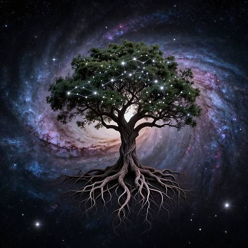 Digital artwork of a tree with sprawling roots, glowing white stars, and a swirling, colorful galaxy backdrop. Cosmic, ethereal, and mystical.