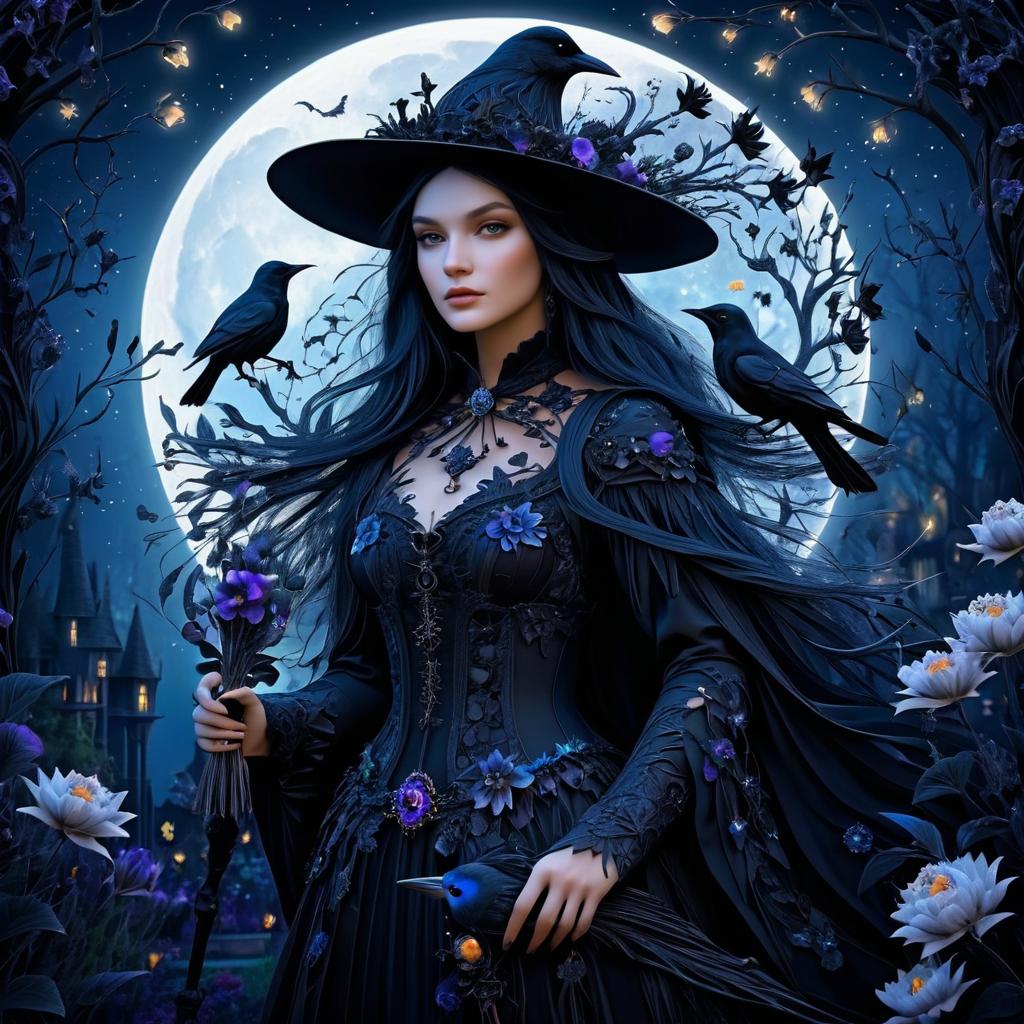 Mystical Witch with Raven in Moonlit Garden