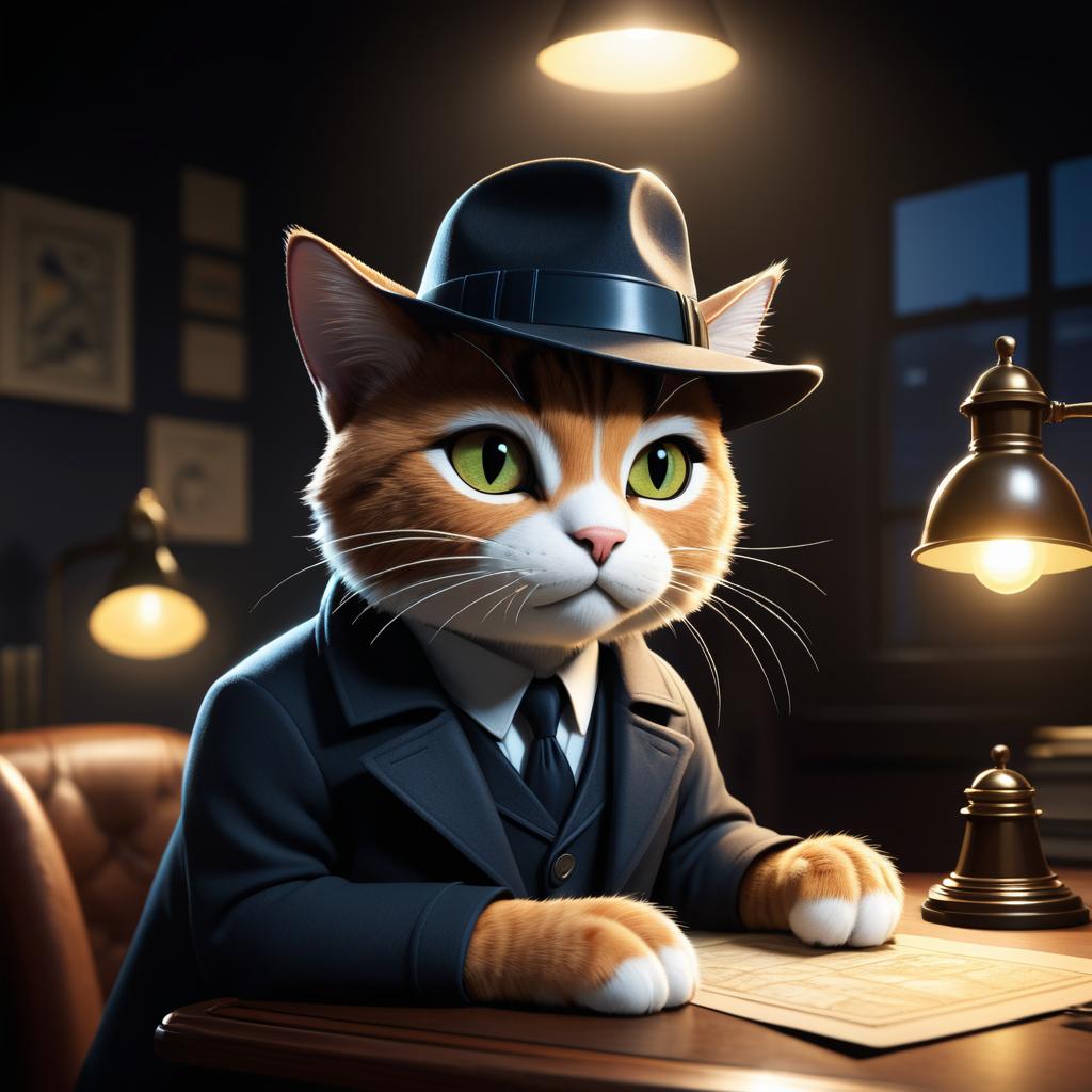 Noir Detective Cat Cartoon Illustration