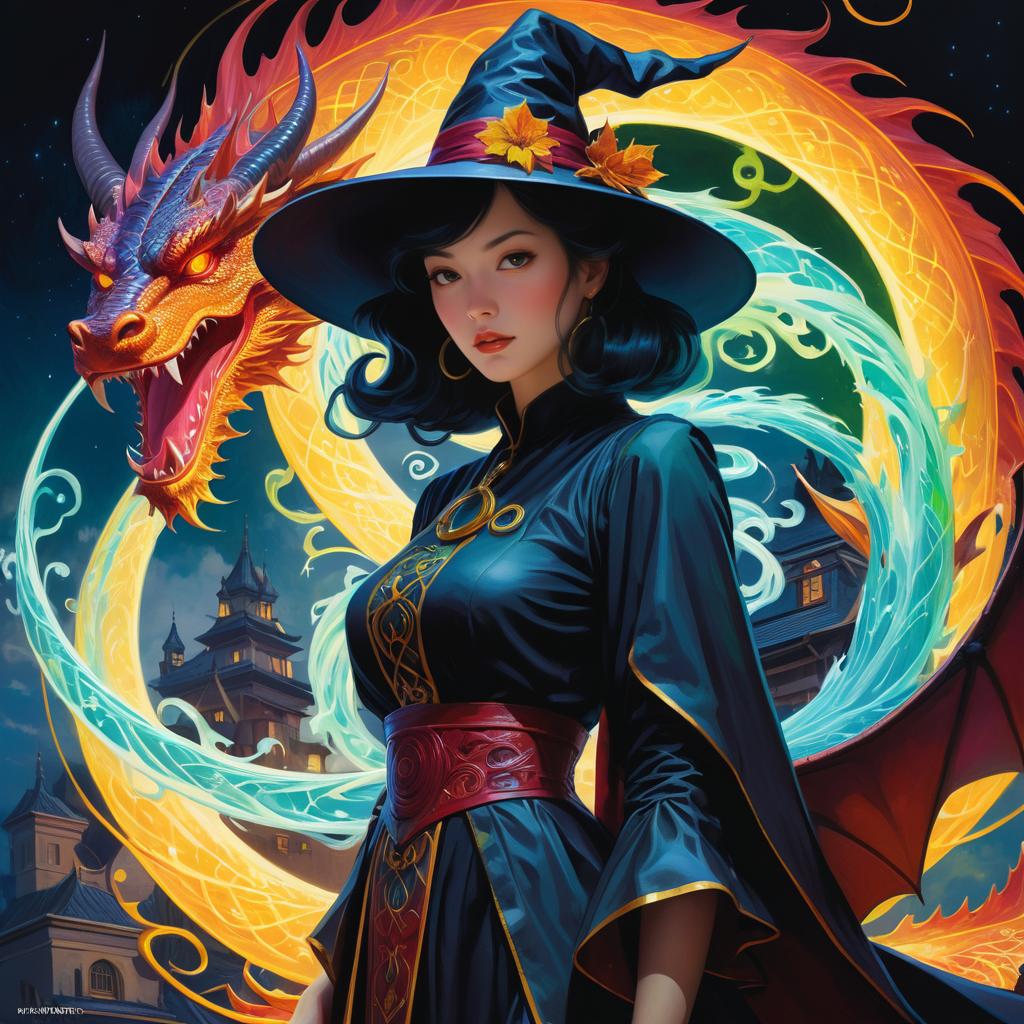 Witch and Dragon: A Vibrant Fantasy Art