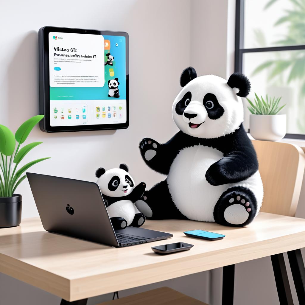 Cheerful Panda Interacting with Technology