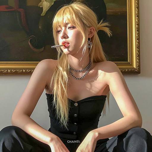 Blonde woman smoking in black outfit