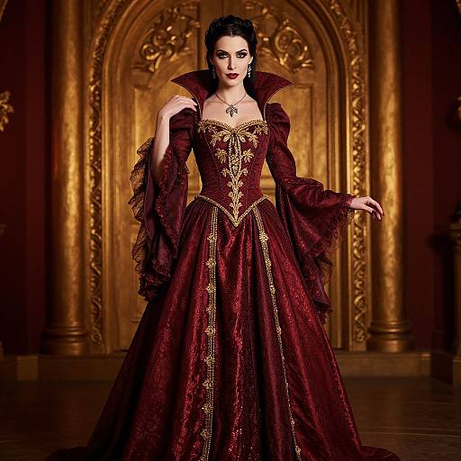 Photograph of a dark-haired woman in an ornate, red and gold Renaissance-style gown with puffed sleeves, standing in a grand, golden,