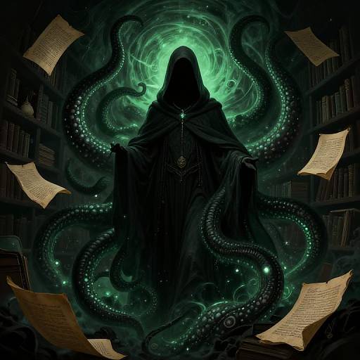 Digital artwork of a hooded figure with glowing green tentacles emerging from a swirling vortex, surrounded by floating papers in a dark, book-filled library.