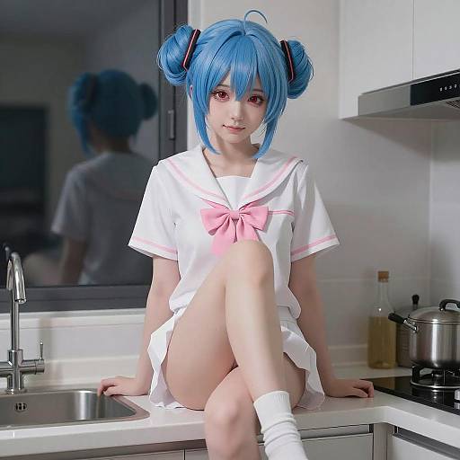 Blue-Haired Anime Girl in Kitchen