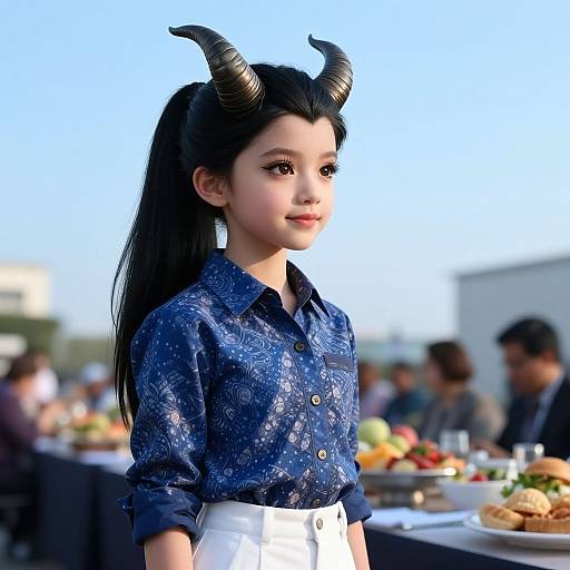 Digital artwork of an Asian girl with black horns, long hair in a ponytail, wearing a blue floral shirt and white skirt, standing at an outdoor