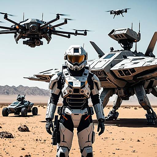 Futuristic Drone Squad Leader in Desert Battleground