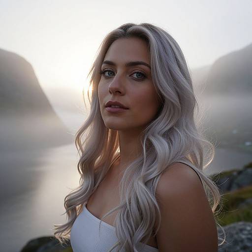 Photograph of a blonde woman with wavy hair, wearing a white top, standing by a misty lake at sunrise. Light highlights her face and