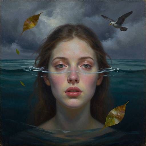 Digital painting of a young woman with fair skin and brown hair, partially submerged in dark blue water, with autumn leaves and a bird in a stormy