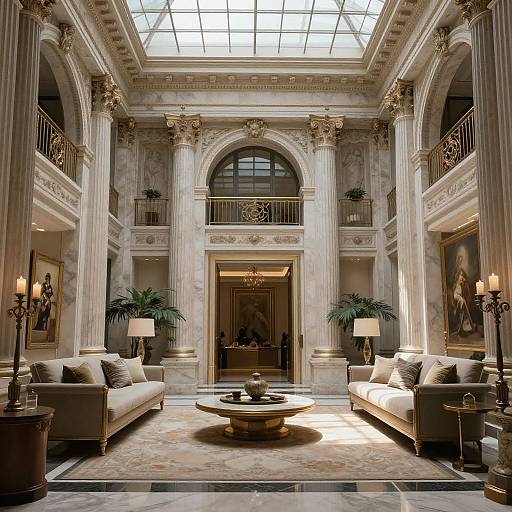 Luxurious grand ballroom with high ceiling, marble columns, arched windows, two white sofas, ornate chandeliers, and potted plants