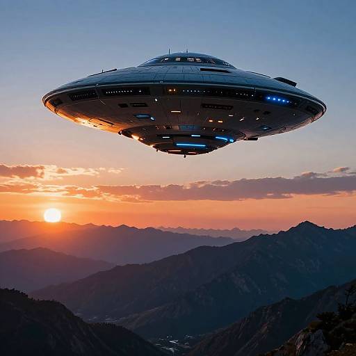 Photograph of a futuristic, saucer-shaped spaceship with glowing blue lights hovering above a mountain range at sunset, casting an orange and pink sky.