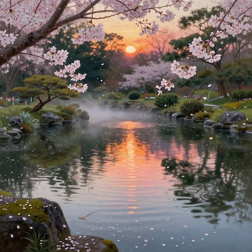 Photograph of a serene Japanese garden at sunset, featuring a reflective pond, cherry blossom trees, mist, rocks, and a vibrant orange sky.