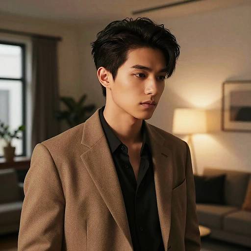 Photorealistic digital portrait of an Asian man with short, wavy black hair, wearing a brown blazer over a black shirt, in a warmly