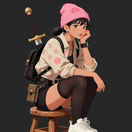 Thoughtful Asian Woman with Sword Illustration