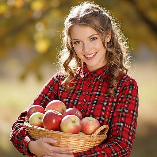 Photograph of a smiling young woman with wavy brown hair, wearing a red plaid shirt, holding a wicker basket filled with red and green