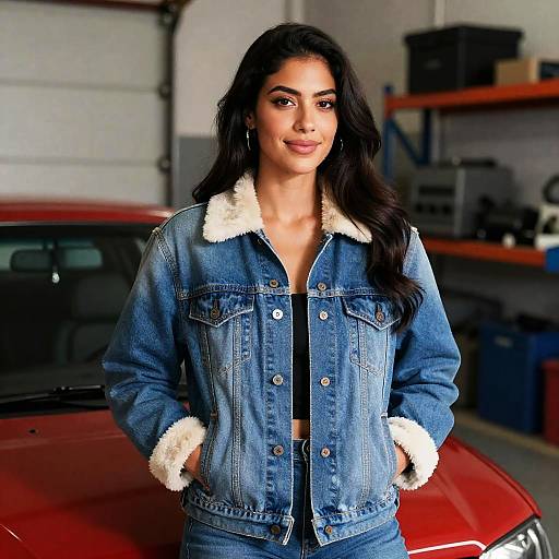 Woman in Denim Jacket by Red Car