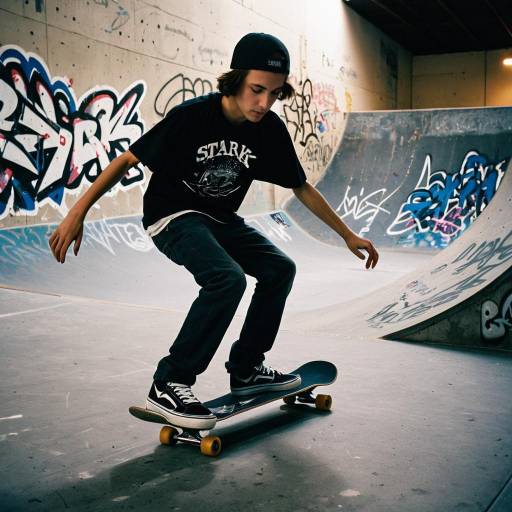Teen Skateboarder Performing Trick in Graffiti Skate Park
