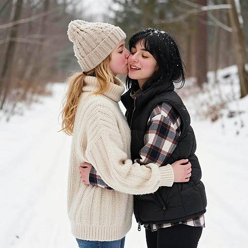 Photograph of two women kissing in a snowy forest; one with blonde hair in a white knit sweater and beanie, the other with black hair in
