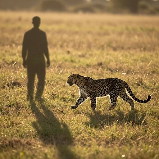 Photograph of a leopard walking through a sunlit grassy field, with its shadow and a blurred human silhouette in the background.