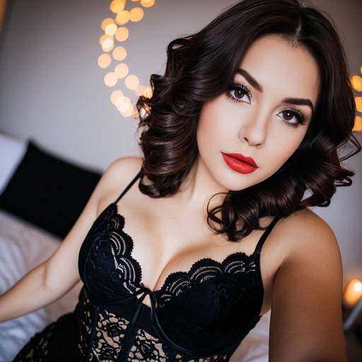 Woman in Black Lace Lingerie with Red Lipstick