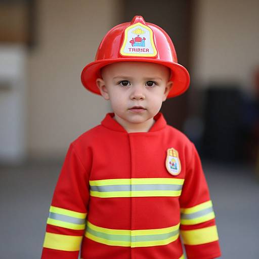 Photograph of a young Caucasian boy wearing a red firefighter helmet and jacket with yellow stripes, standing outdoors with a blurred background.