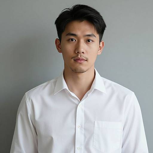 Photograph of an Asian man with short black hair, light skin, wearing a white button-down shirt, standing against a plain gray background.