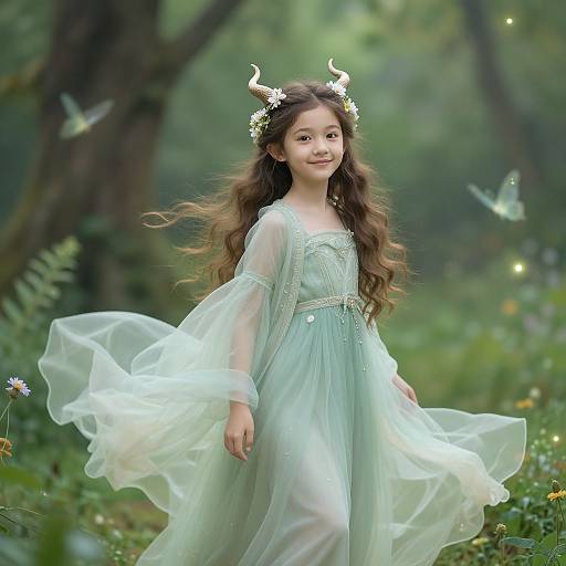 Photograph of a young girl with long brown hair, wearing a light green, sheer, flowing dress and white floral headband with horns, standing in