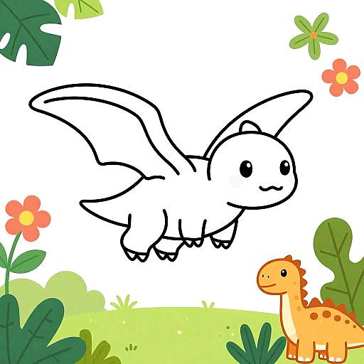 Digital drawing of a simple, black-outlined dragon with small wings, flying above a smiling orange dinosaur, surrounded by green plants and flowers.