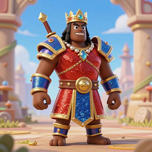 CGI image of a muscular, dark-skinned, black-haired king in glittering red and blue armor, gold crown, and sword, standing in