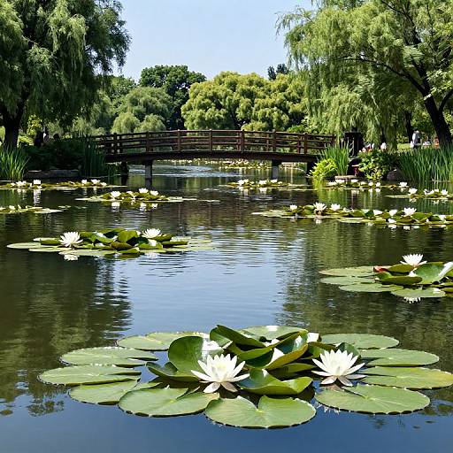 Photograph of a serene pond with lily pads, white water lilies, and a wooden bridge surrounded by lush green trees.
