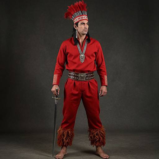Man in Red Indian Warrior Costume