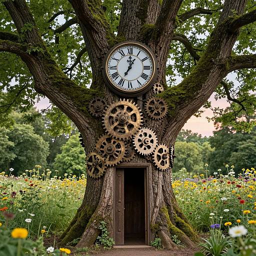 Photograph of a large tree with a clock at the top, surrounded by gears, and a small wooden door at its base, set in a vibrant