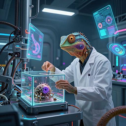 Reptoid Scientist in Cyberpunk Lab